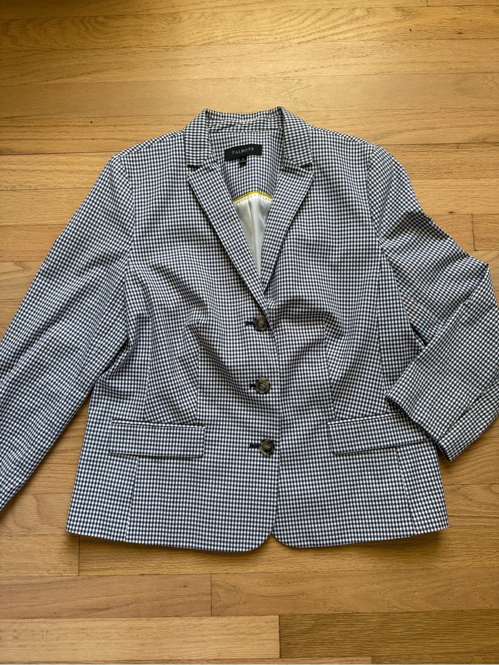 Talbots Size 12 Classic Navy Blue & White Gingham Preppy Cotton Blazer